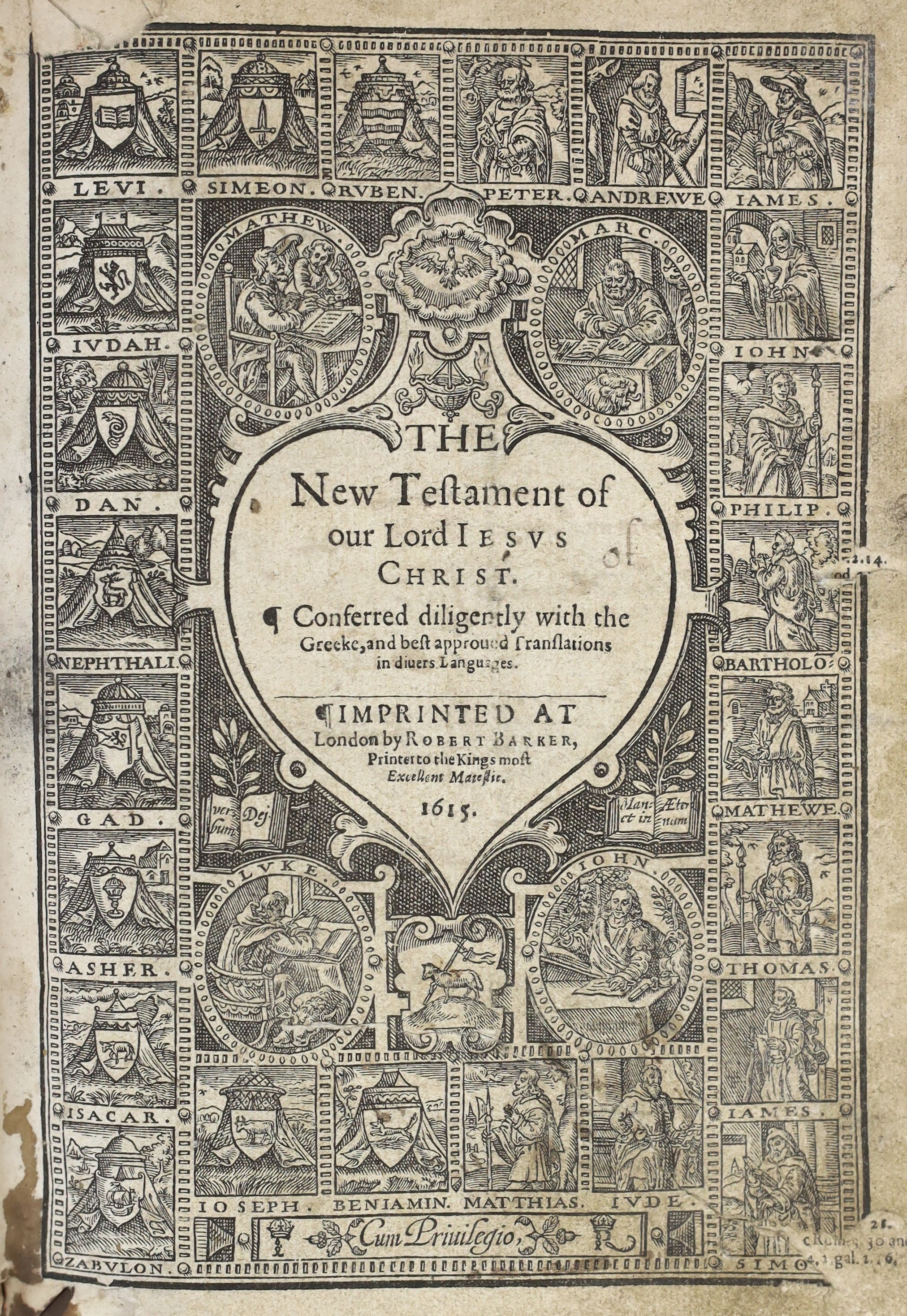 The Bible in English, 4to, calf, lacking first page of The Communion, bound with The Psalmes, The New Testament, The Whole Booke of Psalmes and Concordances (1613) half of p. 244 of Proverbs and of The Names and Order of